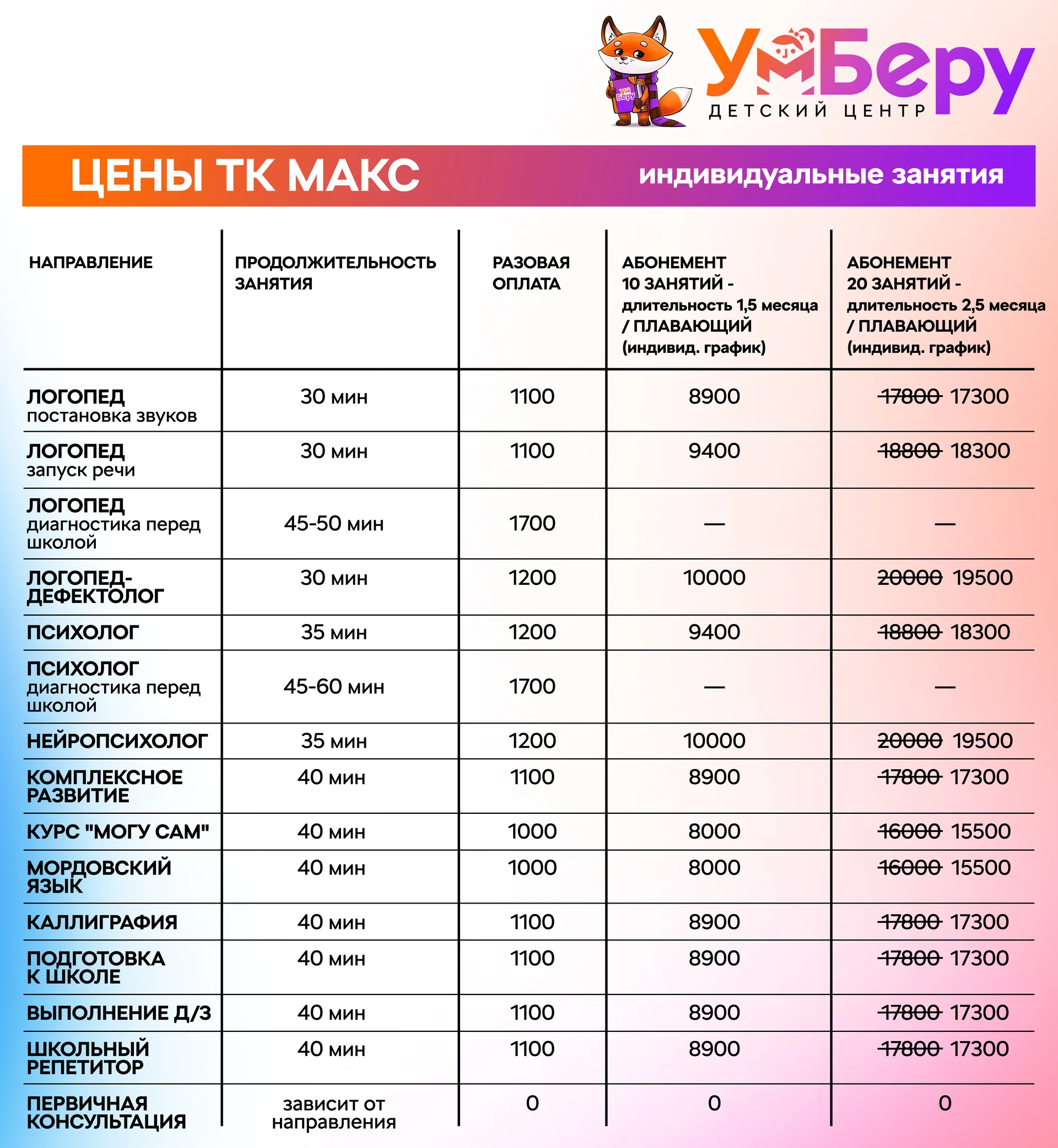 Цены на занятия в ТК Макс. Часть 1